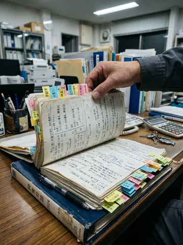 バックヤードで紙の飼育日誌をめくる手元のクローズアップ