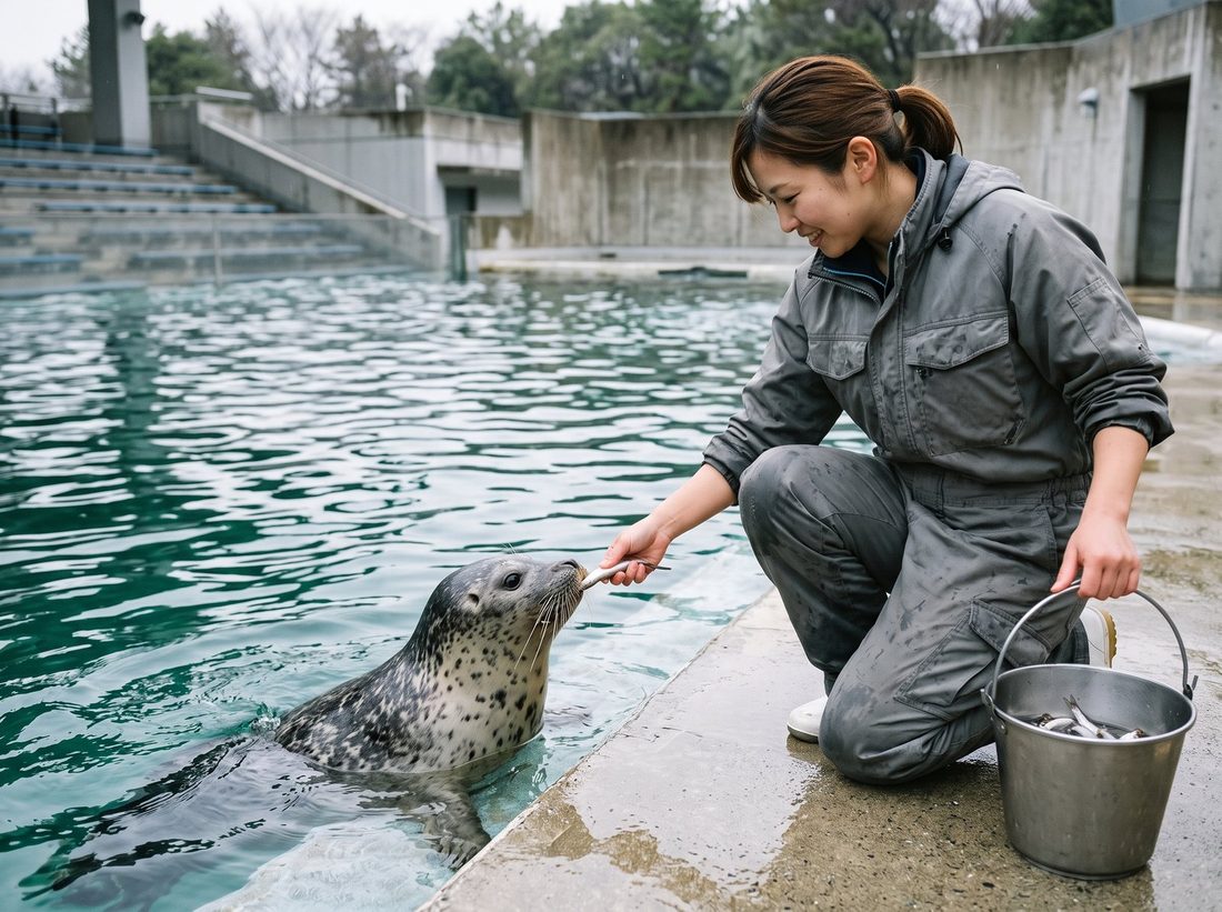 プールサイドであざらしに給餌する飼育スタッフ