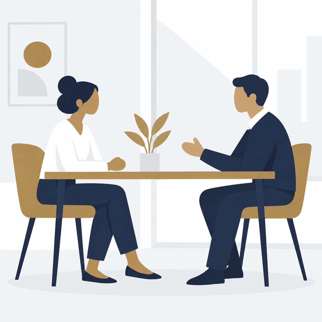 職場での対話を仲介する場面のイラスト