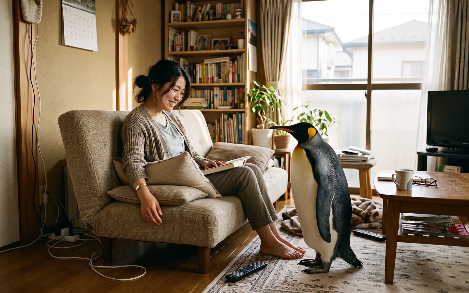 日本の家庭のリビングでコウテイペンギンと女性がくつろいでいる様子