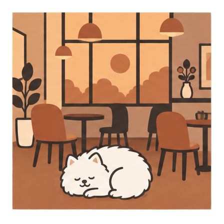 夕暮れ色に染まる店内で眠るポム