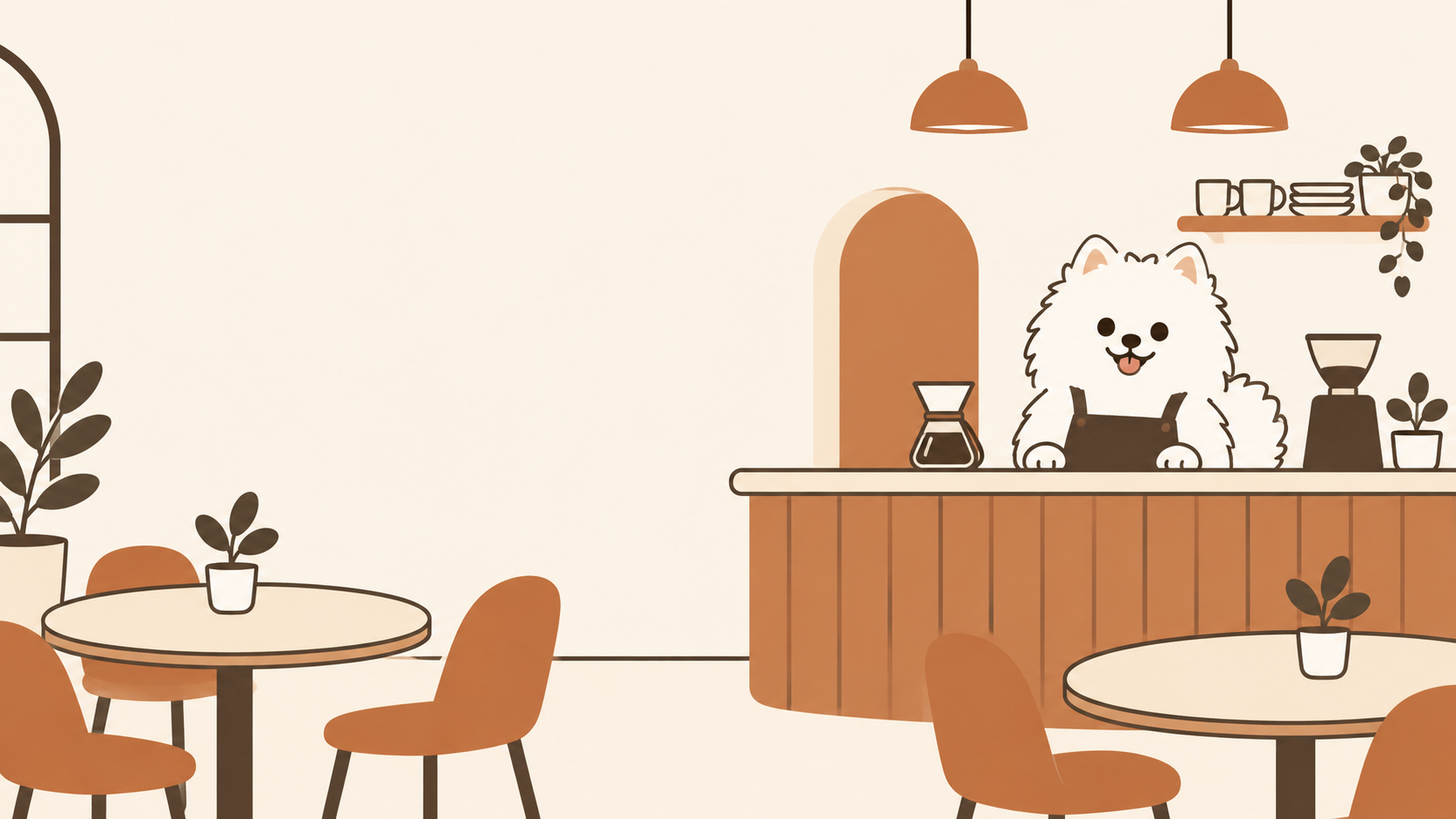 白ポメラニアンのポムがカウンターに立つ、明るいカフェ店内