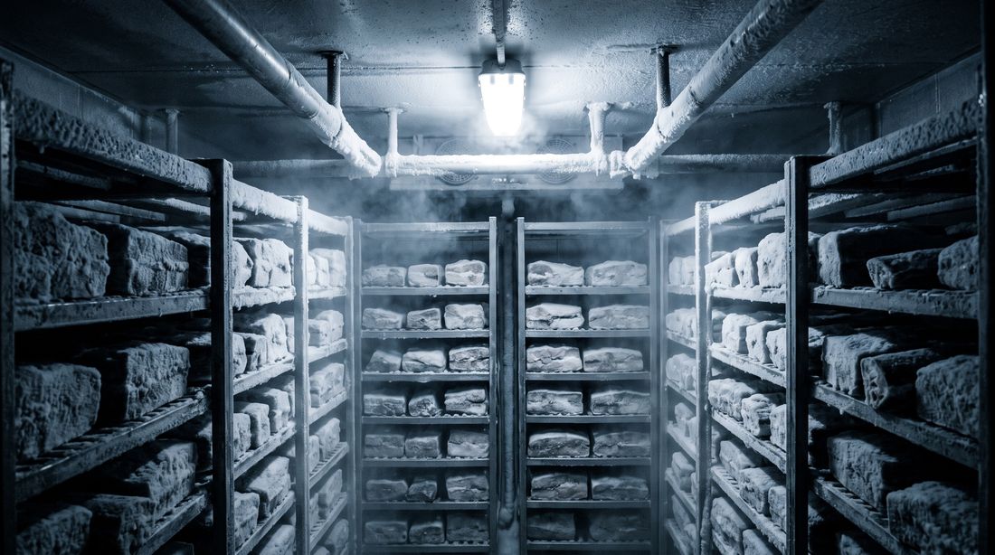 -60℃凍結庫に並ぶ餌ブロック